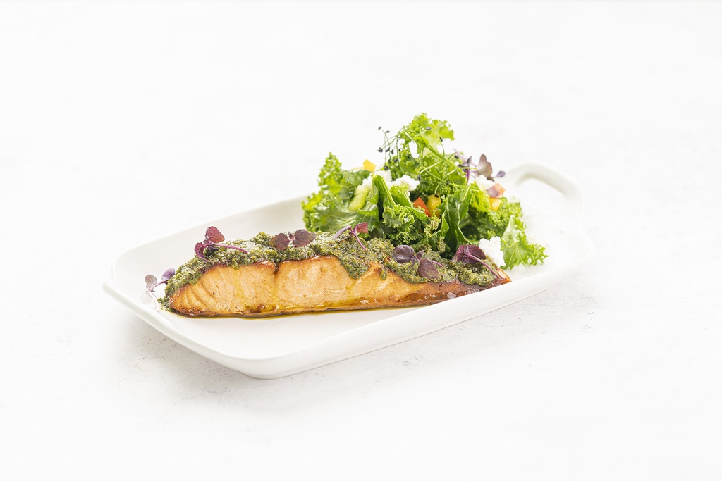 Seared Salmon with Kale topped with Chimichurri