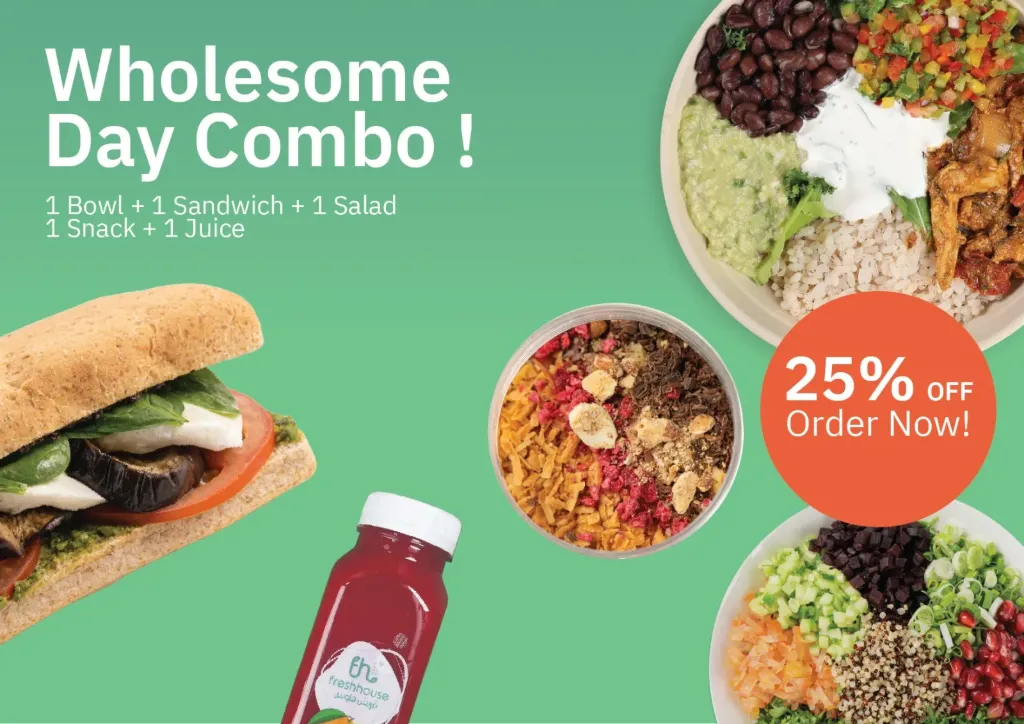 Wholesome Day Combo (Mexican Chicken Bowl, Caesar salad, Chicken Shawrma Wrap, Freshhouse Oatmeal, Orange Juice)