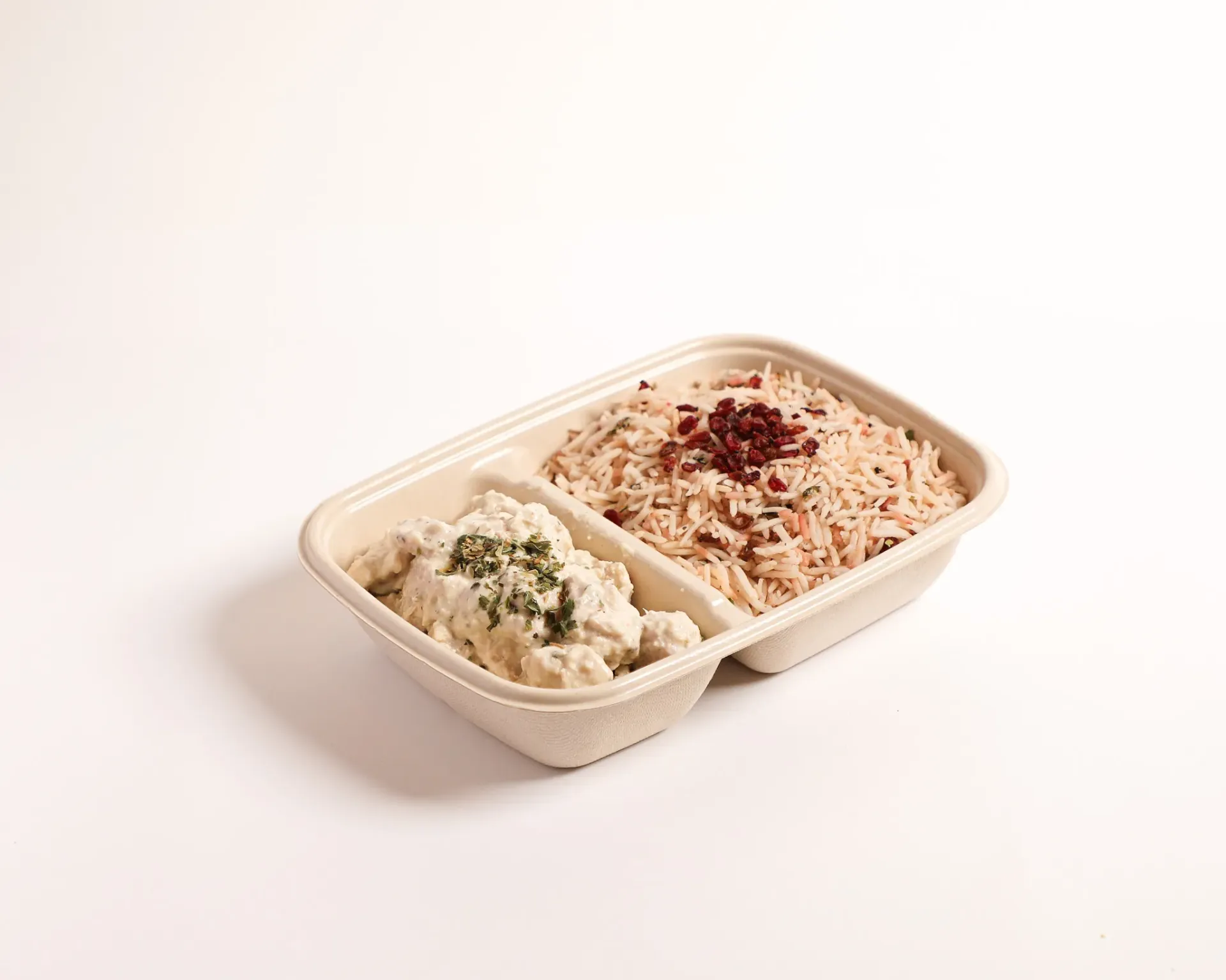 White butter chicken with pulao rice